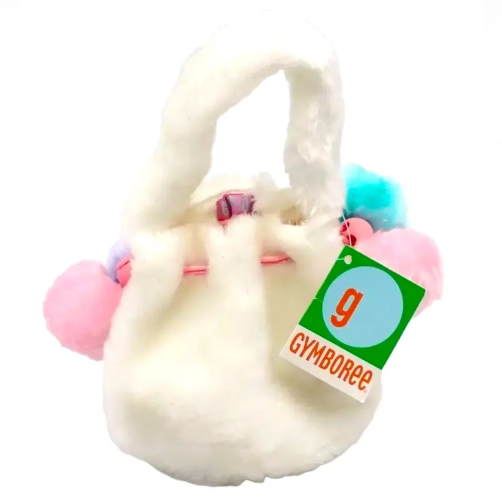 Vintage Gymboree Plush Purse Fuzzy Pouch Basket White Multicolor Puff Balls